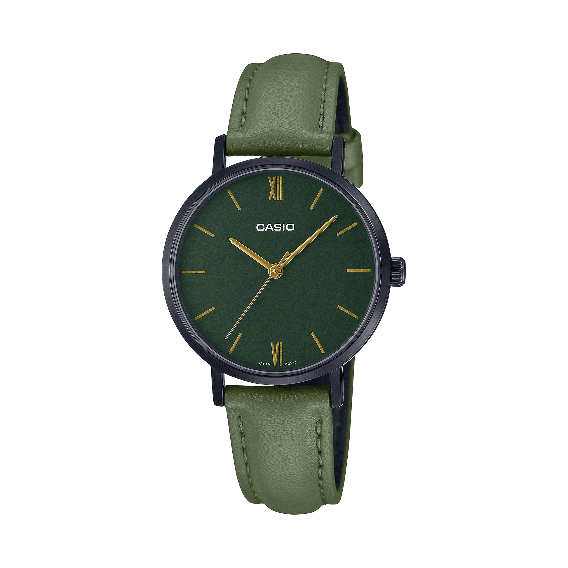 CASIO LTP-VT02BL-3AUDF BLACK IP GREEN  ANALOG DIAL GREEN LEATHER BAND WOMEN'S WATCH A2002