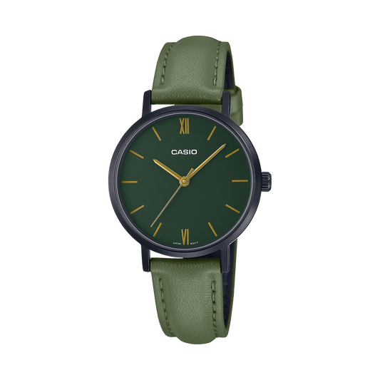 CASIO LTP-VT02BL-3AUDF BLACK IP GREEN  ANALOG DIAL GREEN LEATHER BAND WOMEN'S WATCH A2002