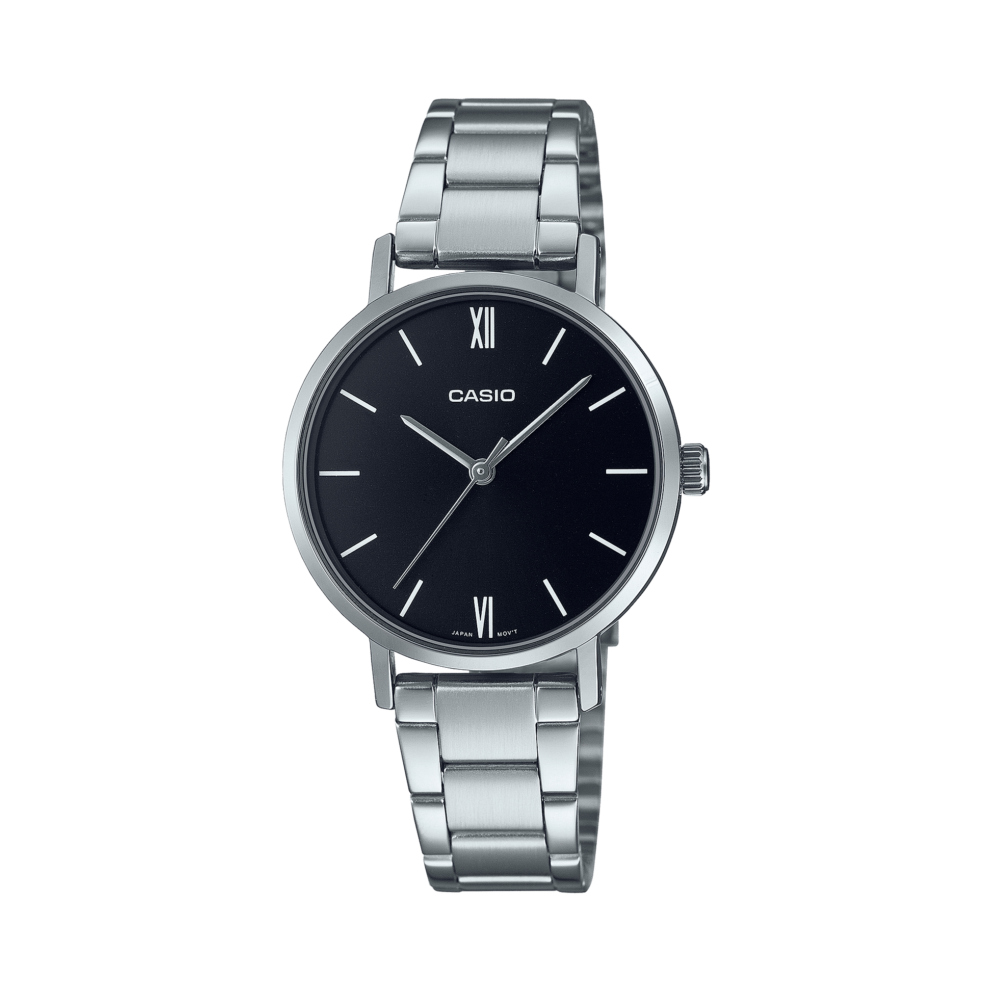 CASIO LTP-VT02D-1AUDF BLACK ANALOG DIAL SILVER STAINLESS STEEL BAND WOMEN'S WATCH A1997