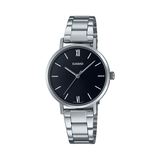 CASIO LTP-VT02D-1AUDF BLACK ANALOG DIAL SILVER STAINLESS STEEL BAND WOMEN'S WATCH A1997