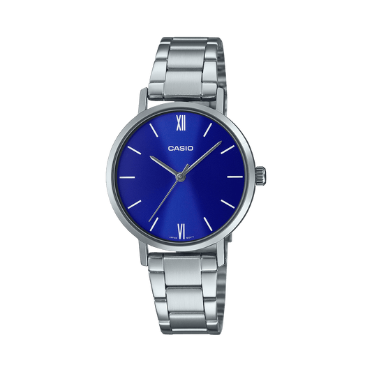 CASIO LTP-VT02D-2AUDF BLUE ANALOG DIAL SILVER STAINLESS STEEL BAND WOMEN'S WATCH A1998