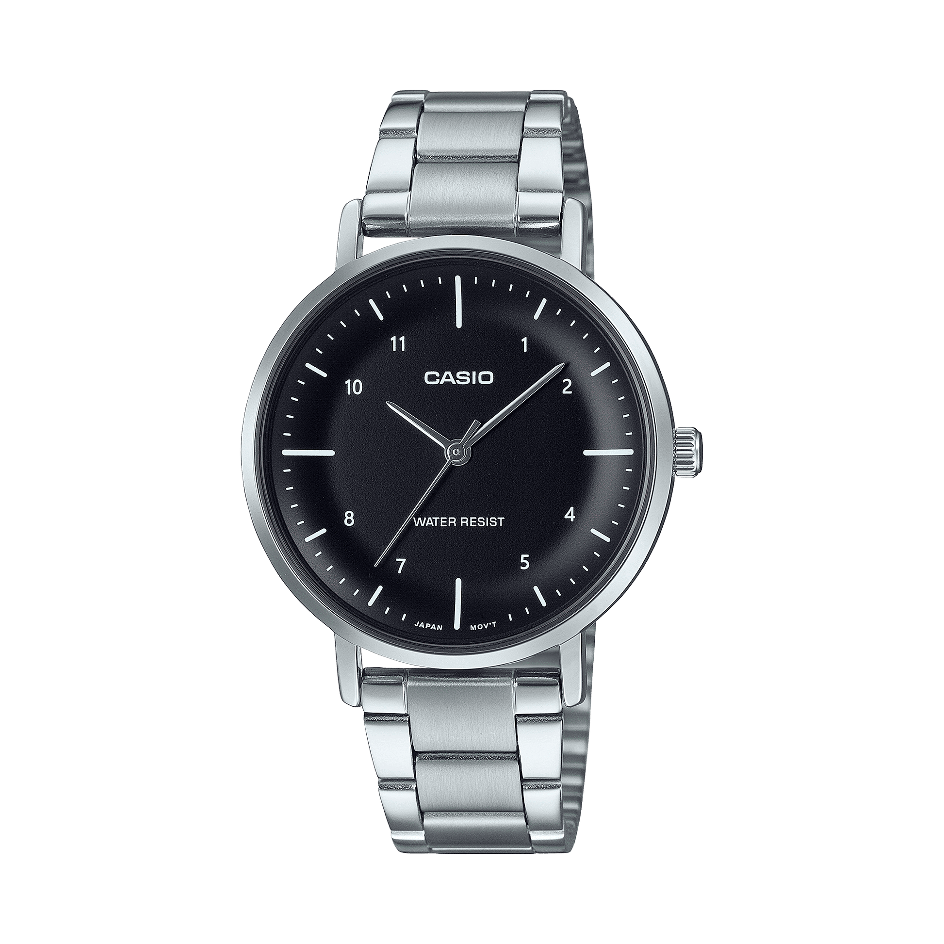 CASIO ENTICER LADIES LTP-VT03D-1BDF BLACK ANALOG DIAL SILVER STAINLESS STEEL BAND A2421