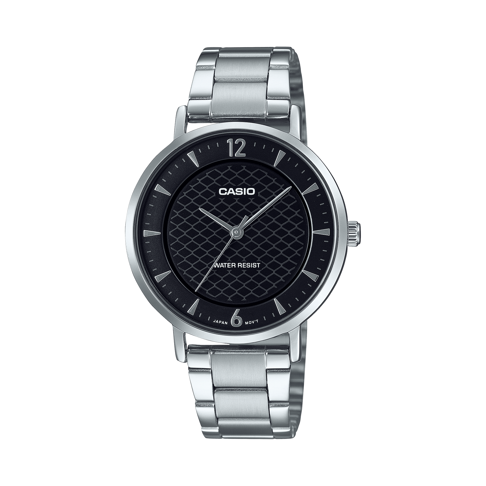 CASIO ENTICER LADIES LTP-VT04D-1ADF BLACK ANALOG DIAL SILVER STAINLESS STEEL BAND A2428