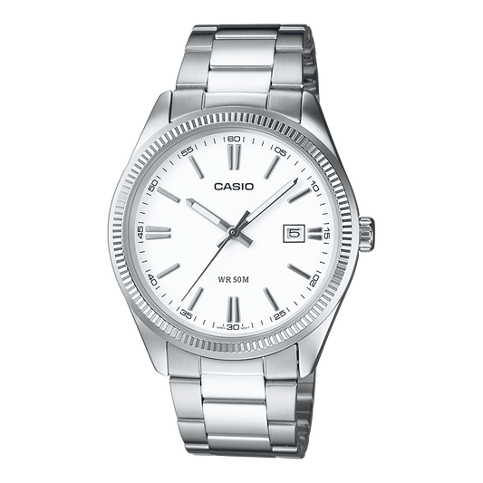 CASIO ENTICER MEN MTP-1302D-7A1VDF WHITE ANALOG DIAL SILVER STAINLESS STEEL BAND A1539