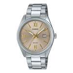 CASIO ENTICER MEN MTP-1302DD-9AVDF GOLDEN ANALOG DIAL SILVER STAINLESS STEEL BAND A2343