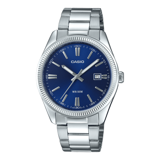 CASIO MTP-1302PD-2AVEF BLUE ANALOG DIAL SILVER STAINLESS STEEL BAND MEN'S WATCH A2227