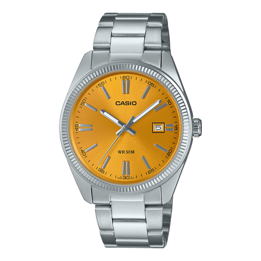 CASIO ENTICER MEN MTP-1302PD-9AVEF YELLOW ANALOG DIAL SILVER STAINLESS STEEL BAND A2369