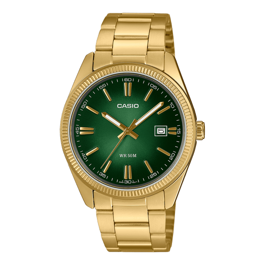 CASIO ENTICER MEN MTP-1302PGC-3AVEF GREEN ANALOG DIAL GOLD STAINLESS STEEL BAND A2374