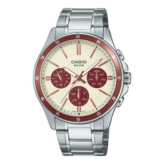 CASIO ENTICER MEN MTP-1374D-5A2VDF CREAM ANALOG DIAL SILVER STAINLESS STEEL BAND A2347