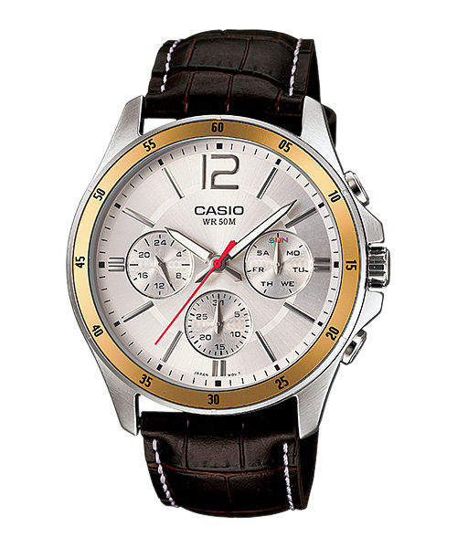 CASIO MTP-1374L-7AVDF SILVER-GOLD ANALOG DIAL BROWN LEATHER BAND MEN'S WATCH A835