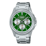 CASIO MTP-1375D-3AVDF GREEN ANALOG DIAL SILVER STAINLESS STEEL BAND MEN'S WATCH A2230