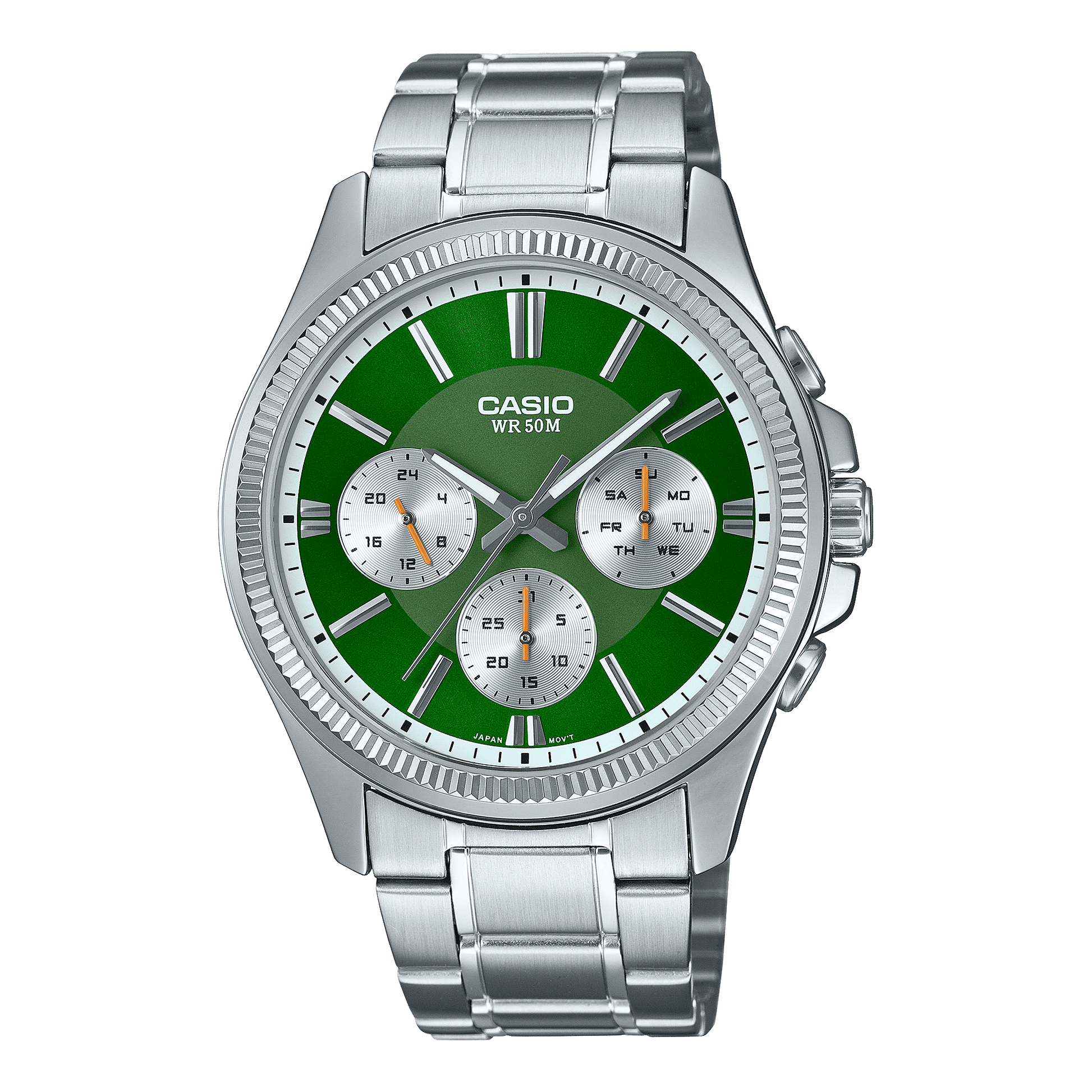CASIO MTP-1375D-3AVDF GREEN ANALOG DIAL SILVER STAINLESS STEEL BAND MEN'S WATCH A2230