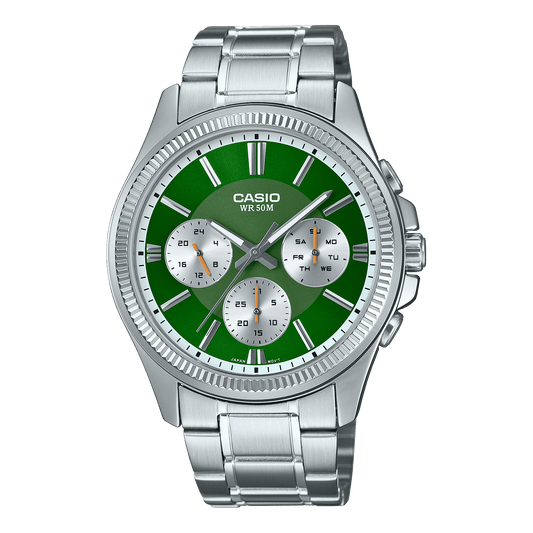 CASIO MTP-1375D-3AVDF GREEN ANALOG DIAL SILVER STAINLESS STEEL BAND MEN'S WATCH A2230