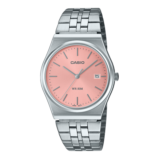 CASIO MTP-B145D-4AVDF PINK ANALOG DIAL SILVER STAINLESS STEEL BAND MEN'S WATCH A2200