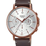 CASIO MTP-E321RL-5AVDF ROSE GOLD IP WHITE ANALOG DIAL BROWN LEATHER BAND MEN'S WATCH A1850