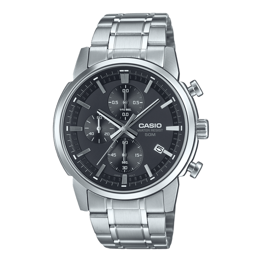 CASIO MTP-E510D-1A1VDF BLACK ANALOG DIAL SILVER STAINLESS STEEL BAND MEN'S WATCH A2302