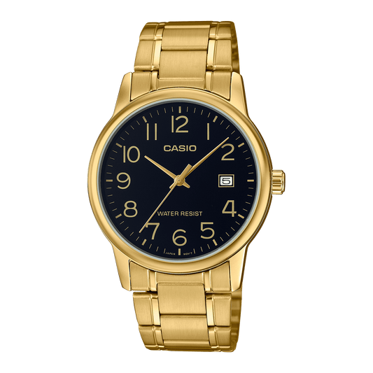 CASIO MTP-V002G-1BUDF GOLD IP BLACK ANALOG DIAL GOLD IP STAINLESS STEEL BAND MEN'S WATCH A2311