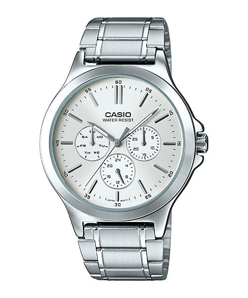 CASIO ENTICER MEN MTP-V300D-7AUDF WHITE ANALOG DIAL SILVER STAINLESS STEEL BAND A1174