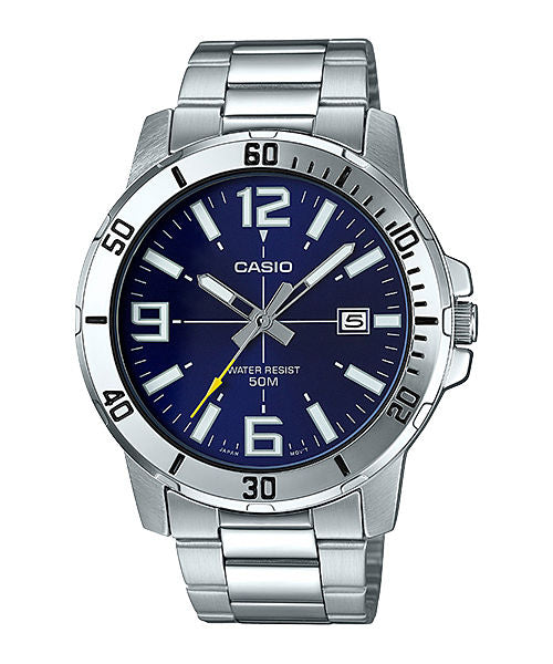 CASIO MTP-VD01D-2BVUDF BLUE ANALOG DIAL SILVER STAINLESS STEEL BAND MEN'S WATCH A1363