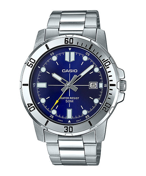 CASIO MTP-VD01D-2EVUDF BLUE ANALOG DIAL SILVER STAINLESS STEEL BAND MEN'S WATCH A1364