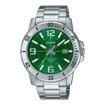 CASIO ENTICER MEN MTP-VD01D-3BVUDF GREEN ANALOG DIAL SILVER STAINLESS STEEL BAND A2335