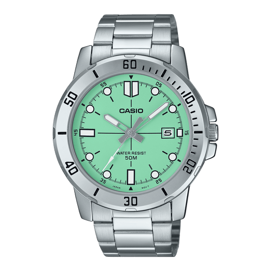 CASIO ENTICER MEN MTP-VD01D-3E1VUDF BLUE ANALOG DIAL SILVER STAINLESS STEEL BAND A2336