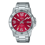 CASIO ENTICER MEN MTP-VD01D-4BVUDF RED ANALOG DIAL SILVER STAINLESS STEEL BAND A2338