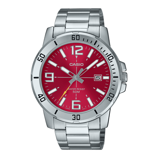 CASIO ENTICER MEN MTP-VD01D-4BVUDF RED ANALOG DIAL SILVER STAINLESS STEEL BAND A2338