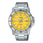 CASIO ENTICER MEN MTP-VD01D-9EVUDF YELLOW ANALOG DIAL SILVER STAINLESS STEEL BAND A2340