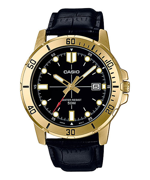 CASIO MTP-VD01GL-1EVUDF GOLD IP BLACK-GOLD ANALOG DIAL BLACK LEATHER BAND MEN'S WATCH A1369