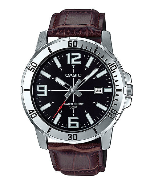 CASIO MTP-VD01L-1BVUDF BLACK ANALOG DIAL BROWN LEATHER BAND MEN'S WATCH A1370