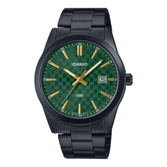 CASIO MTP-VD03B-3AUDF BLACK IP GREEN ANALOG DIAL BLACK IP STAINLESS STEEL BAND MEN'S WATCH A2240
