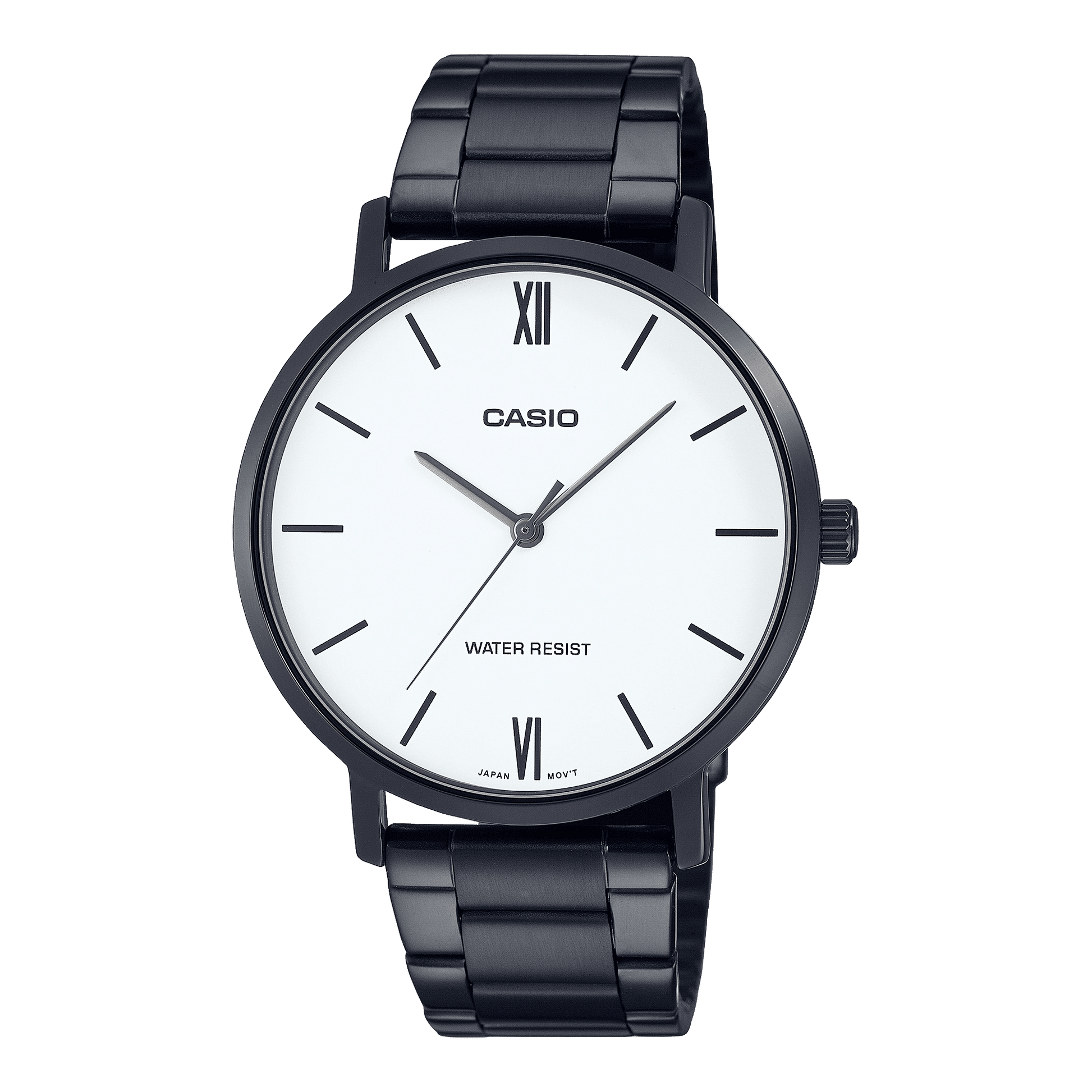 CASIO MTP-VT01B-7BUDF BLACK IP WHITE ANALOG DIAL BLACK IP STAINLESS STEEL BAND MEN'S WATCH A1975