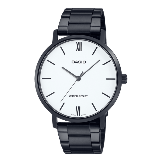 CASIO MTP-VT01B-7BUDF BLACK IP WHITE ANALOG DIAL BLACK IP STAINLESS STEEL BAND MEN'S WATCH A1975