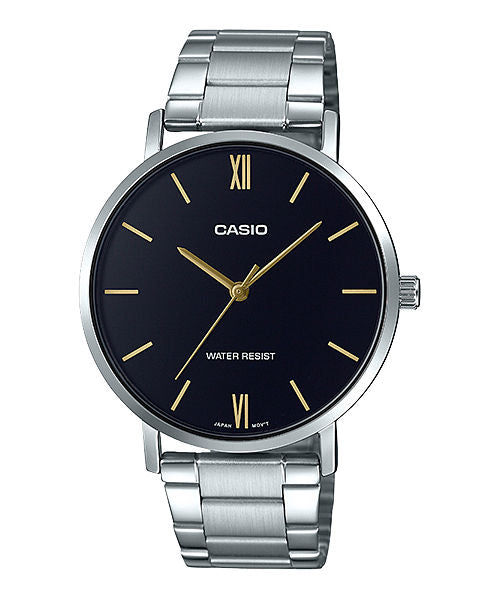 CASIO MTP-VT01D-1BUDF BLACK ANALOG DIAL SILVER STAINLESS STEEL BAND MEN'S WATCH A1612