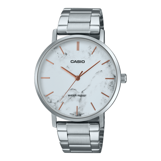 CASIO ENTICER MEN MTP-VT01DM-7AUDF WHITE ANALOG DIAL SILVER STAINLESS STEEL BAND A2350
