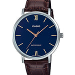 CASIO MTP-VT01L-2BUDF BLUE ANALOG DIAL BROWN LEATHER BAND MEN'S WATCH A1616