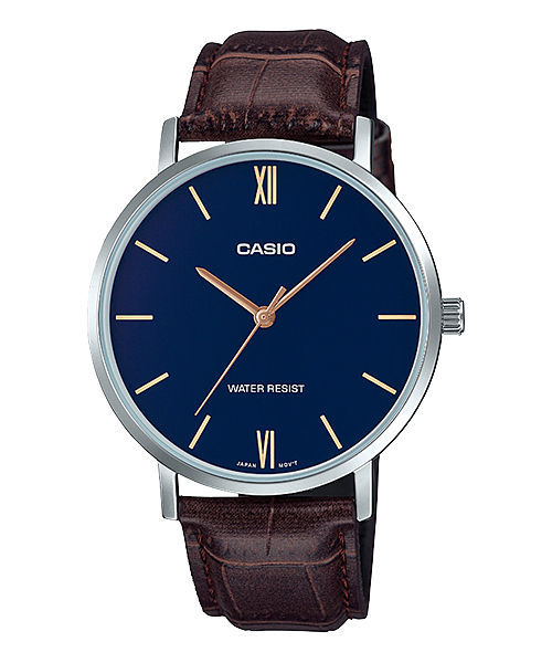 CASIO MTP-VT01L-2BUDF BLUE ANALOG DIAL BROWN LEATHER BAND MEN'S WATCH A1616