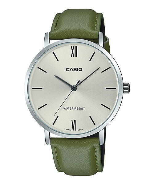 CASIO MTP-VT01L-3BUDF WHITE ANALOG DIAL OLIVE GREEN LEATHER BAND MEN'S WATCH A2320