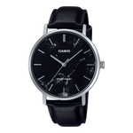 CASIO ENTICER MEN MTP-VT01LM-1AUDF BLACK ANALOG DIAL SILVER LEATHER BAND A2351