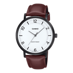 CASIO ENTICER MEN MTP-VT03BL-7BDF WHITE ANALOG DIAL BROWN LEATHER BAND A2410