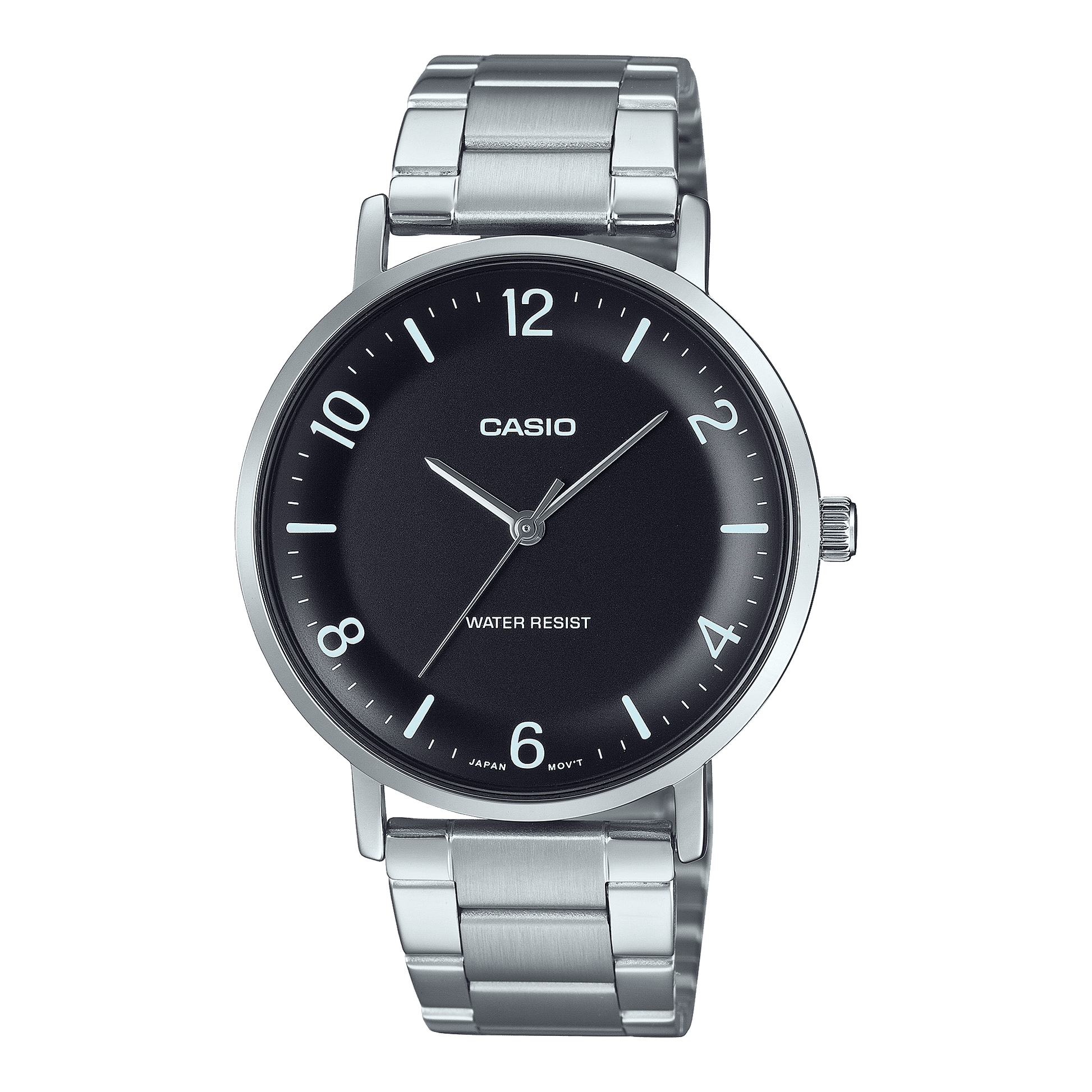 CASIO ENTICER MEN MTP-VT03D-1BDF BLACK ANALOG DIAL SILVER STAINLESS STEEL BAND A2405