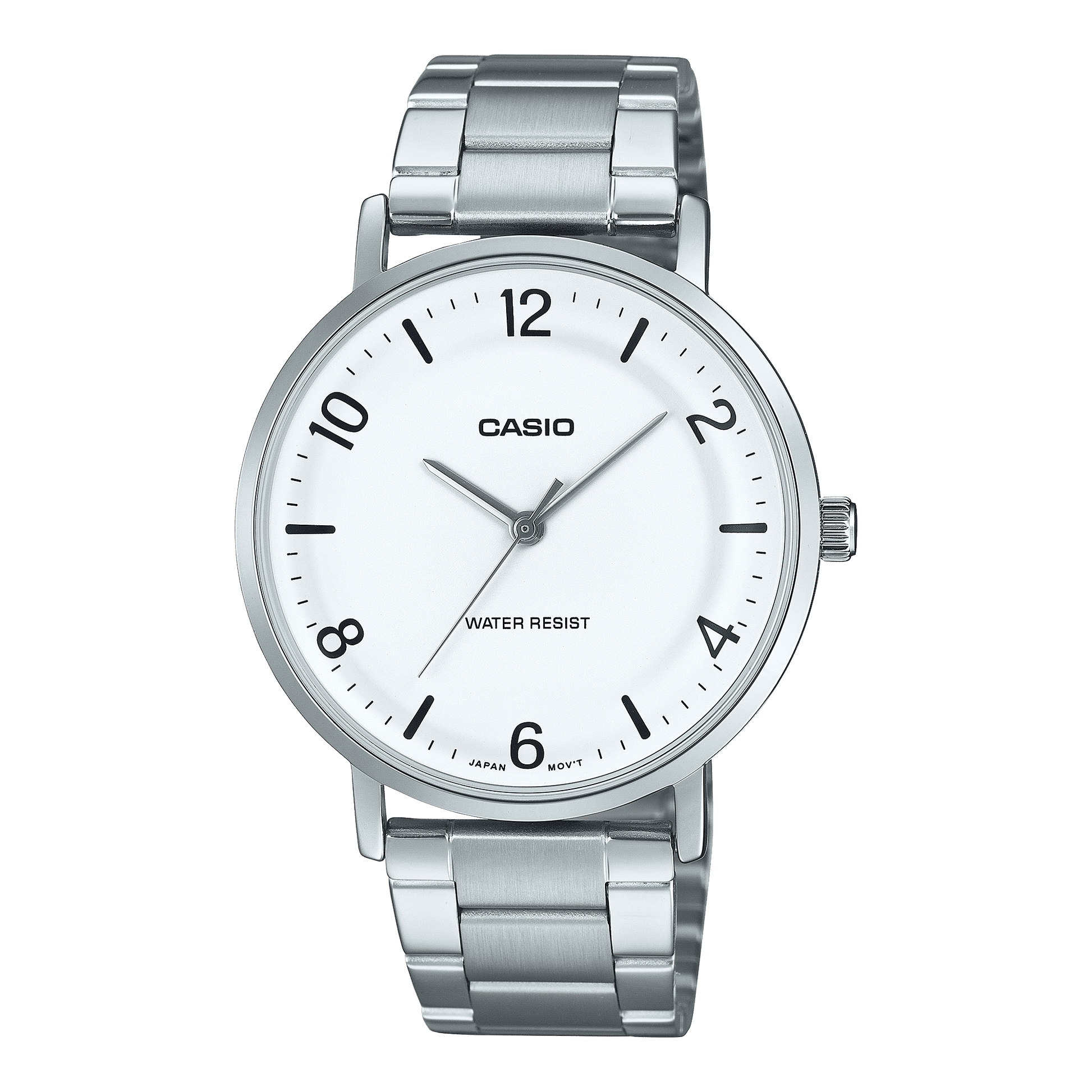 CASIO ENTICER MEN MTP-VT03D-7BDF WHITE ANALOG DIAL SILVER STAINLESS STEEL BAND A2407