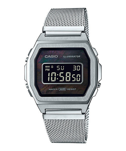 CASIO VINTAGE A1000M-1BEF BLACK DIGITAL DIAL SILVER STAINLESS STEEL MESH BAND D194