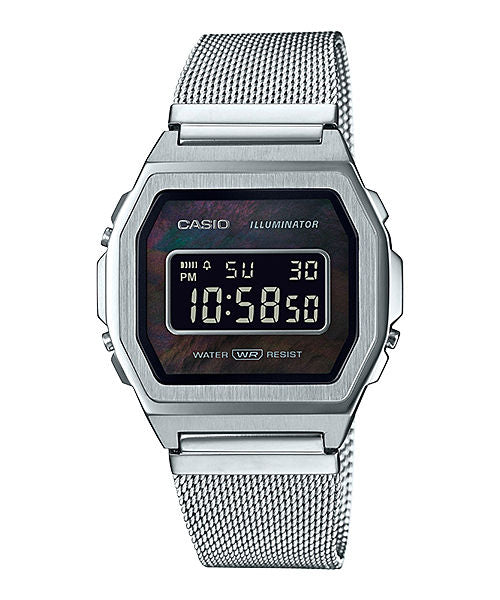 CASIO VINTAGE A1000M-1BEF BLACK DIGITAL DIAL SILVER STAINLESS STEEL MESH BAND D194