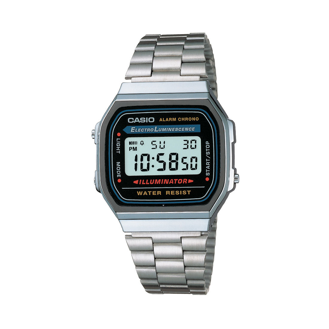 CASIO VINTAGE A168WA-1WDF BLACK DIGITAL DIAL UNISEX WATCH SILVER STAINLESS STEEL STRAP  