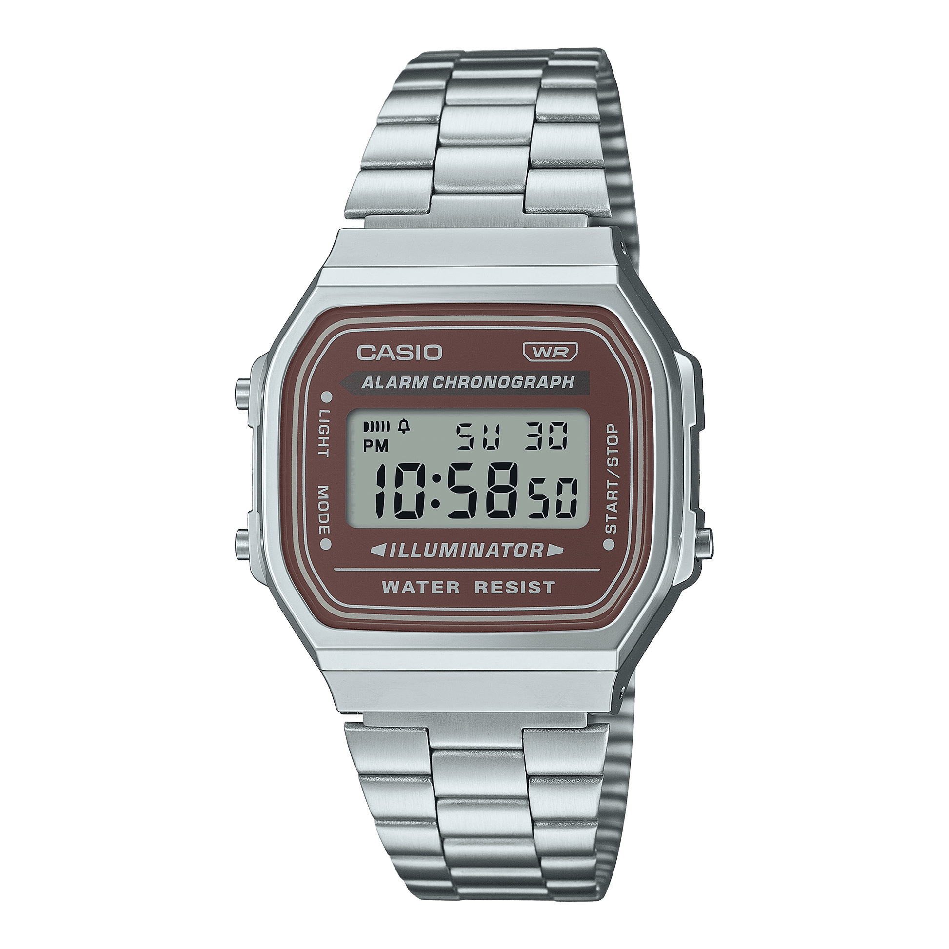 CASIO VINTAGE A168WA-5AYDF BROWN DIGITAL DIAL SILVER STAINLESS STEEL BAND D331