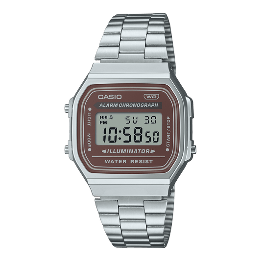 CASIO VINTAGE A168WA-5AYDF BROWN DIGITAL DIAL SILVER STAINLESS STEEL BAND D331