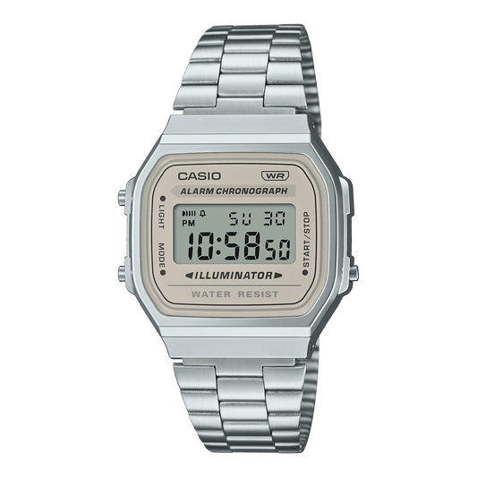 CASIO VINTAGE A168WA-8AYDF BROWN DIGITAL DIAL SILVER STAINLESS STEEL BAND D332