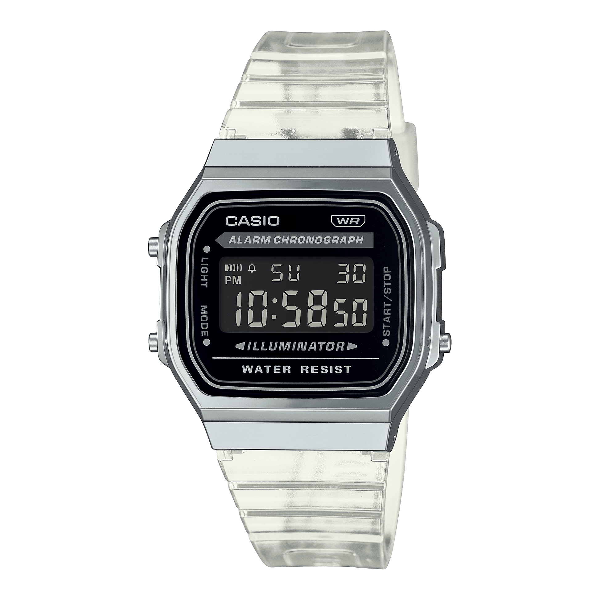 CASIO VINTAGE A168XES-1BDF BLACK DIGITAL DIAL TRANSPARENT RESIN STRAP D306